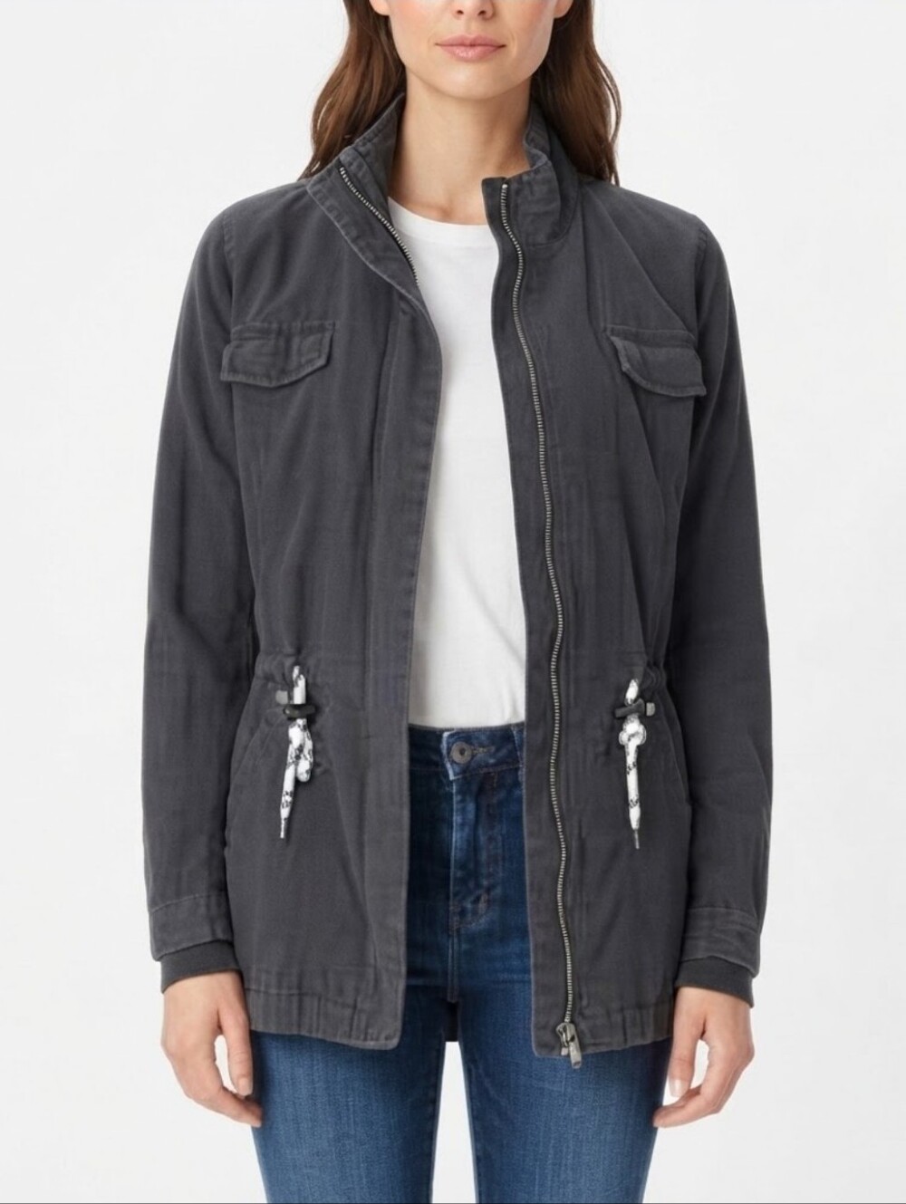 Cabi Weekend Utility Jacket featuring full-zip front,  drawstring Charcoal Gray